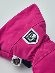 Kids ski mitten in magenta with white-edged HESTRA patch and metal snap wrist tab