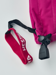Kids ski mittens wrist strap with HESTRA lettering and black toggle end