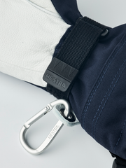 Hestra junior ski gloves in navy with black wrist strap and carabiner key-ring clip