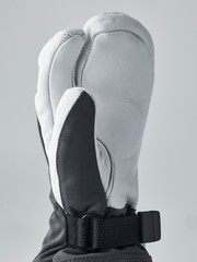 Hestra junior ski mittens in light gray with black inner palm panel and adjustable wrist strap