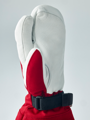 Junior ski gloves and mittens with white leather, red interior, black wrist strap