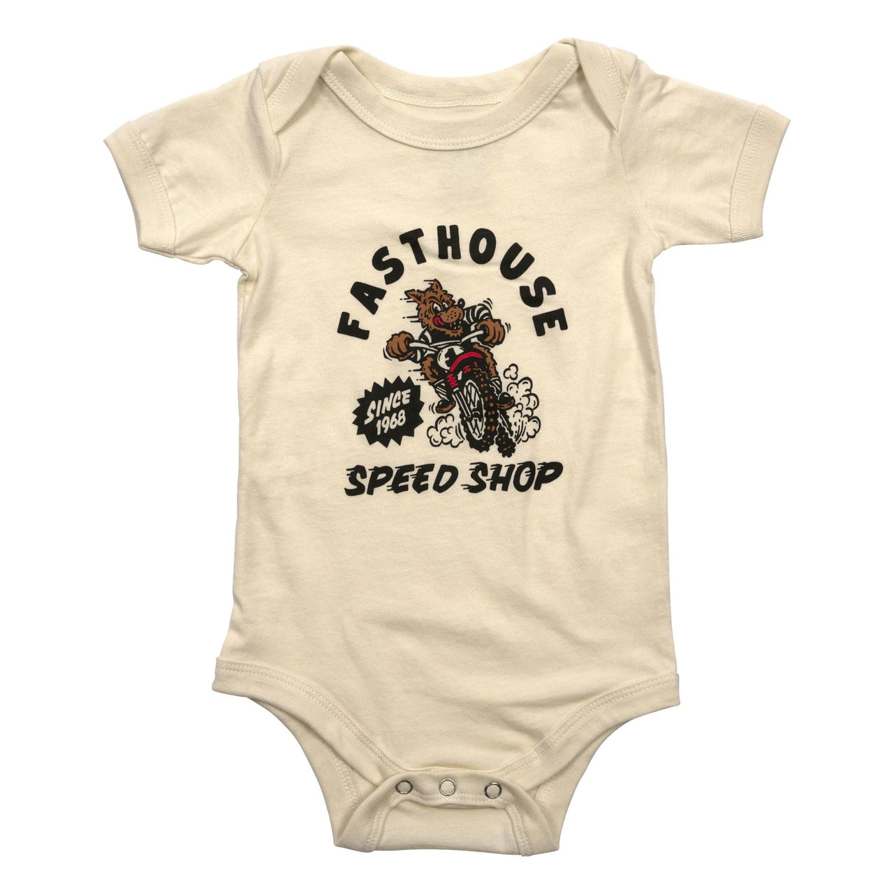 Infant natural short-sleeve onesie with Speed Shop front graphic and snap buttons