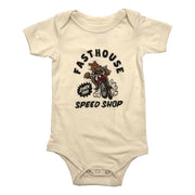 Infant natural short-sleeve onesie with Speed Shop front graphic and snap buttons