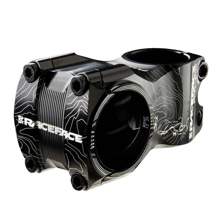 Black aluminum bicycle stem with handlebar clamp and Atlas graphic