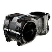 Black aluminum bicycle stem with handlebar clamp and Atlas graphic
