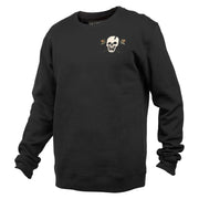 Black crew neck pullover sweatshirt with small skull graphic on chest