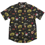 Fasthouse Tribe short-sleeve button-up shirt in black with palm, flowers, skull graphic print