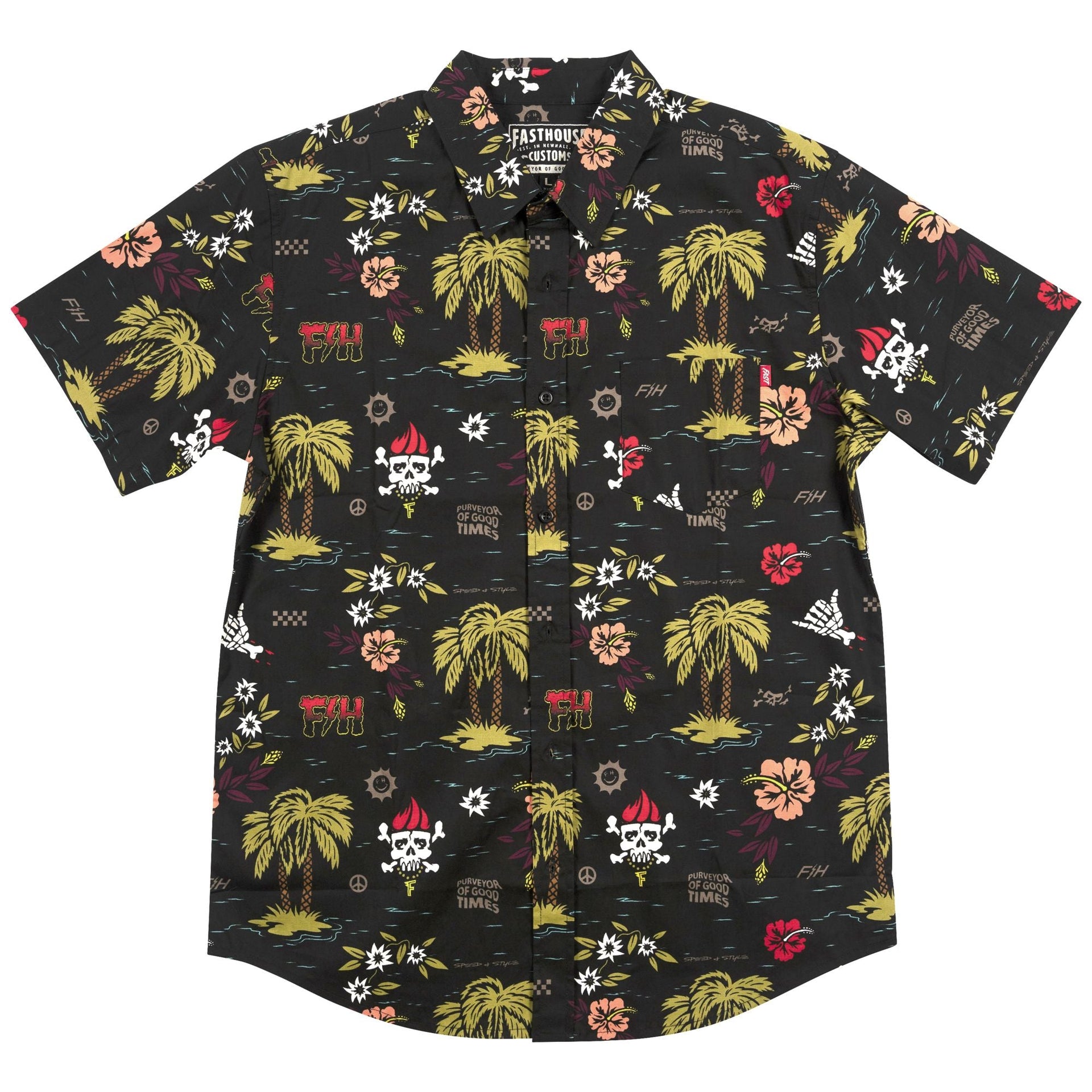 Fasthouse Tribe short-sleeve button-up shirt in black with palm, flowers, skull graphic print