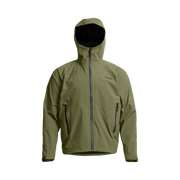 Olive green hooded jacket with full-zip front and side pockets