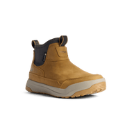 Mustard suede ankle boot, side profile with GORE-TEX branding and cushioned sole