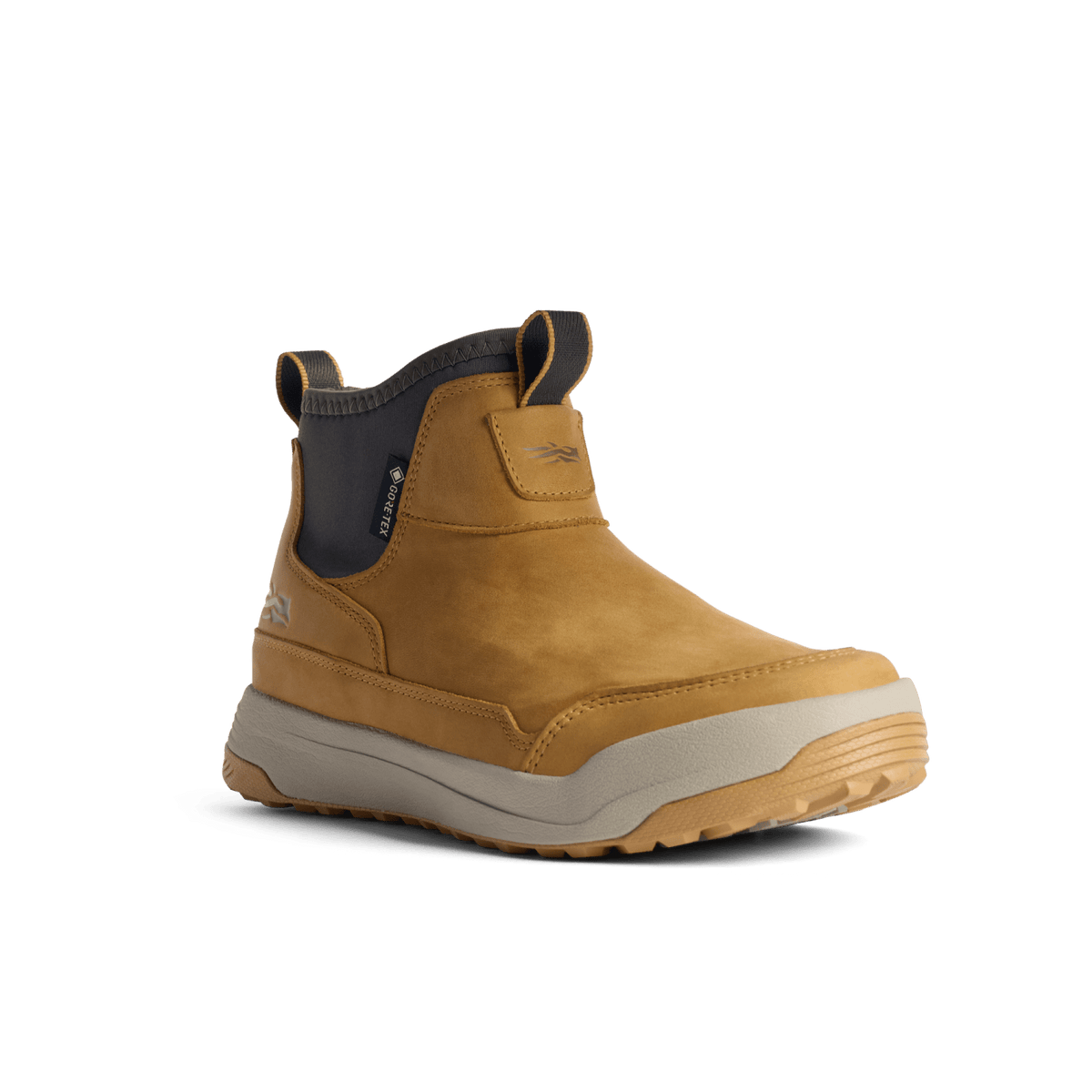 Mustard suede ankle boot, side profile with GORE-TEX branding and cushioned sole
