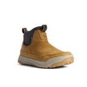 Mustard suede ankle boot with black heel collar, lace-up pull tab, cushioned sole