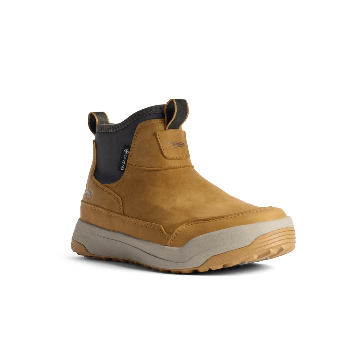 Mustard suede ankle boot with black heel collar, lace-up pull tab, cushioned sole