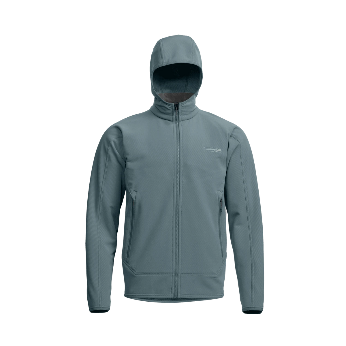Blue-gray fleece hooded jacket with center zipper, two side pockets, and small chest logo.