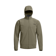 Fleece hooded jacket in olive featuring a centered full-zip and two side zips