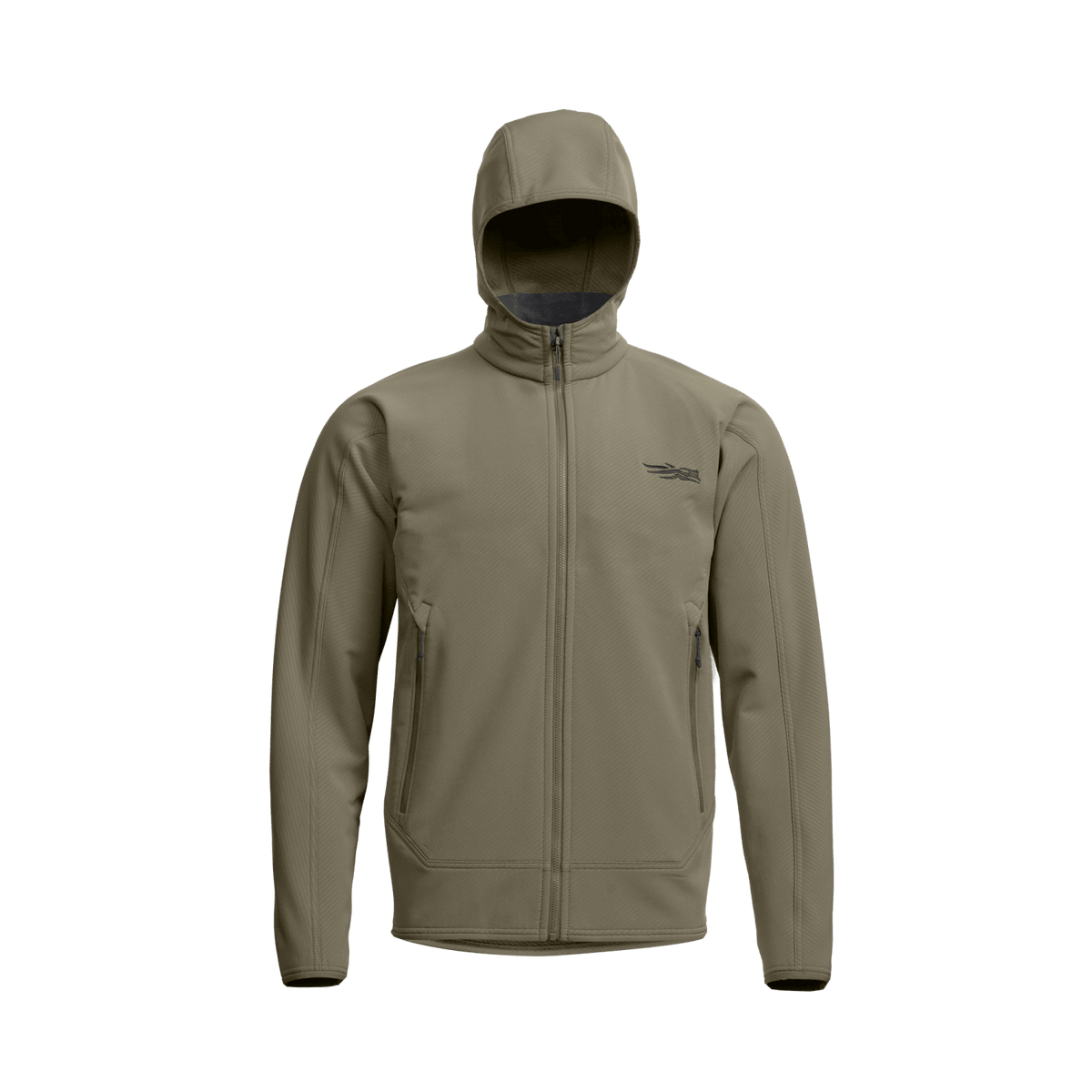 Fleece hooded jacket in olive featuring a centered full-zip and two side zips