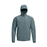 Blue-gray zip-up fleece hooded jacket with elastic cuffs, center zipper, and hand pockets.