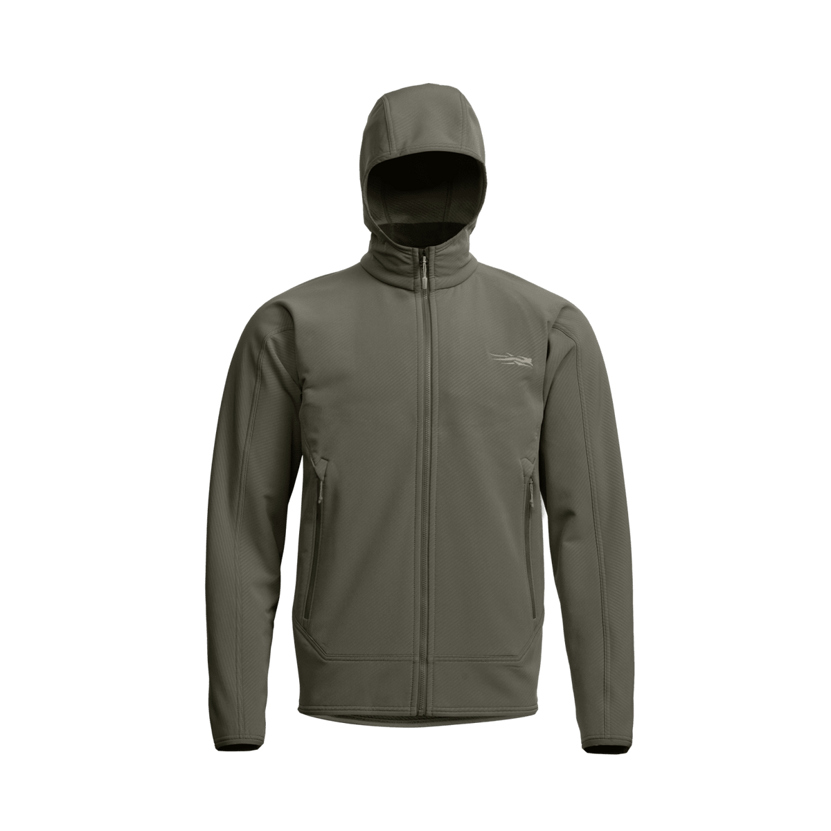 Hooded fleece jacket in olive gray with full zipper and chest logo