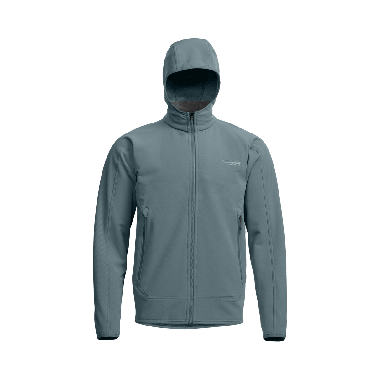 Blue-gray fleece hooded jacket, full front zipper, side hand pockets, elastic cuffs.