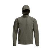 Fleece hooded jacket in gray, full-zip with stand collar and zip chest pocket