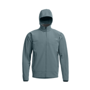 Fleece hooded jacket in blue-gray with full-zip front, hood, and two side zips