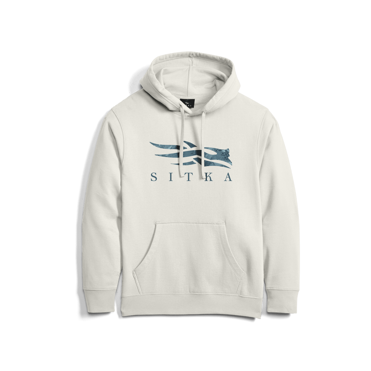 Ivory pullover hoodie with blue graphic logo and kangaroo pocket
