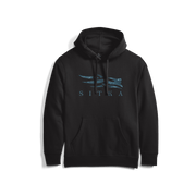 Black pullover hoodie with blue logo graphic and drawstring hood pocket