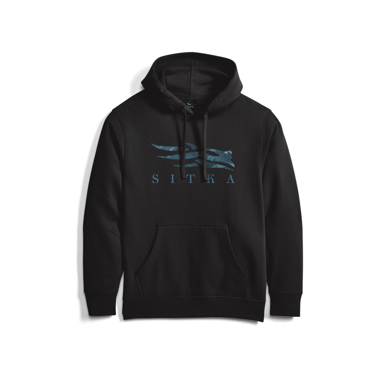 Black pullover hoodie with blue graphic logo and kangaroo pocket