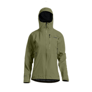 Olive green hooded jacket with full-length zipper, drawcord, and zip chest pocket