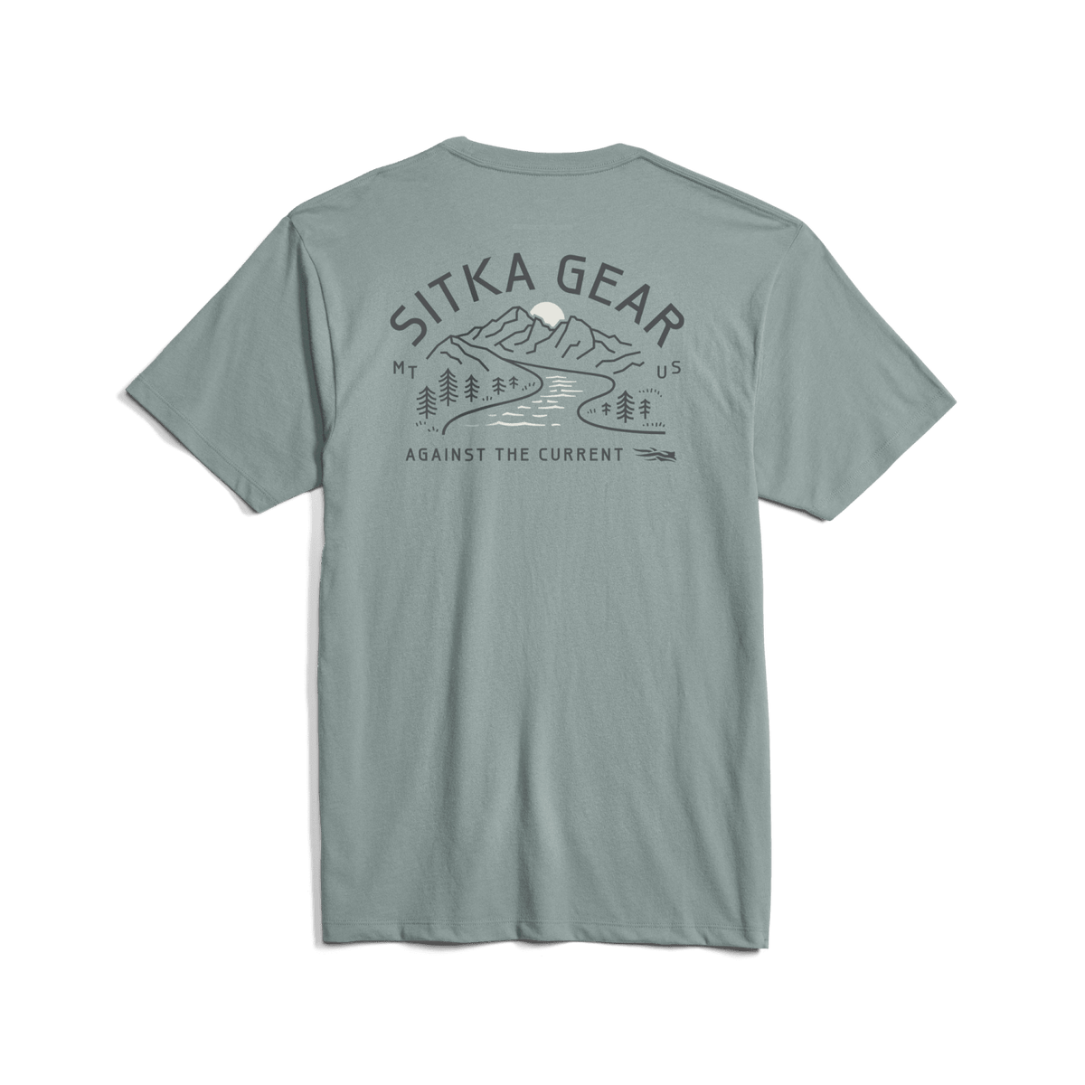 Seafoam crew-neck pocket t-shirt with large back logo and scenic illustration
