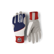 Colorblocked winter gloves in navy, off-white, and red with Hestra patch logo