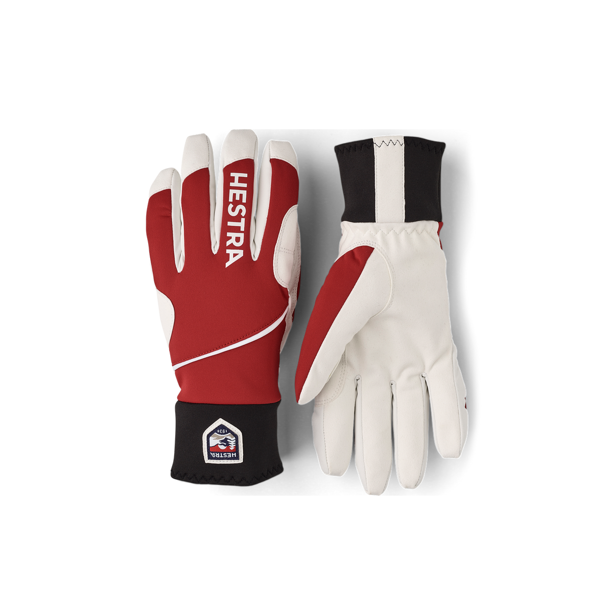 Pair of comfort tracker gloves: red glove left, off-white glove right with black cuff