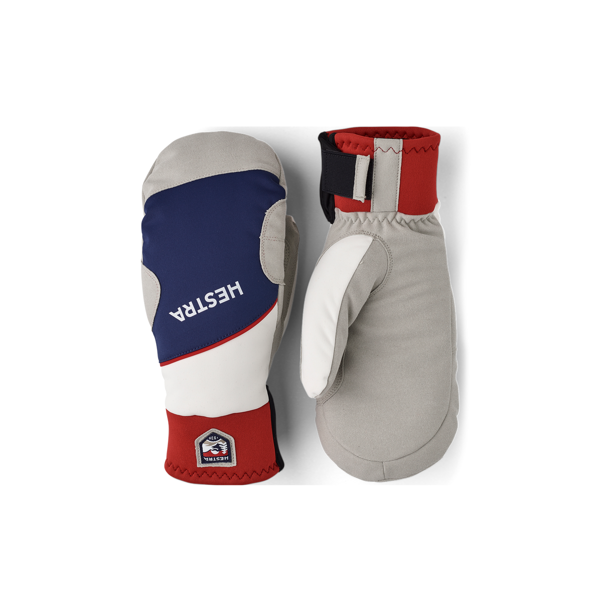 Hestra comfort tracker mittens pair: navy/white and gray/red styles