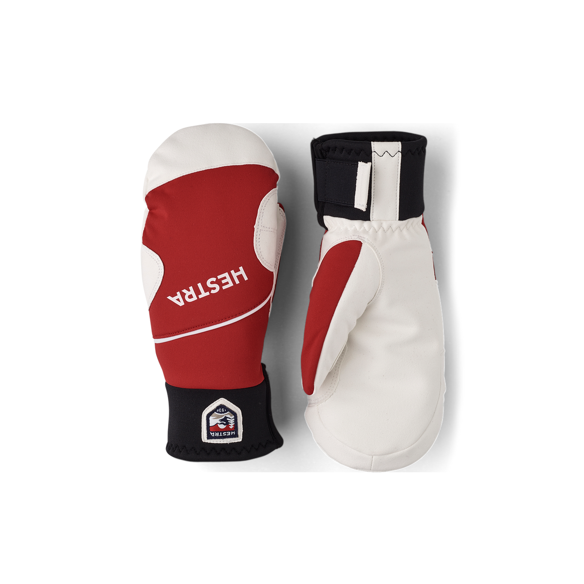 Hestra comfort tracker mittens pair: red/white and off-white with black cuff