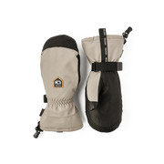Beige and black mountain mittens set with wrist strap and HESTRA patches