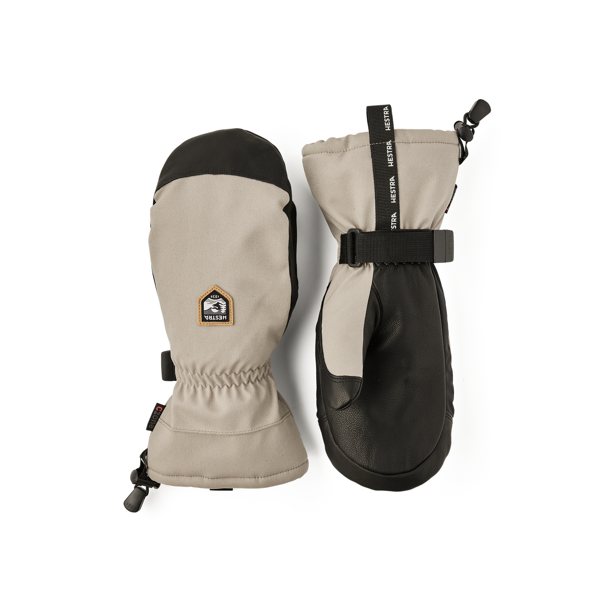 Beige and black mountain mittens set with wrist strap and HESTRA patches