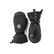 Pair of black mountain mittens with wrist strap and HESTRA logo patch