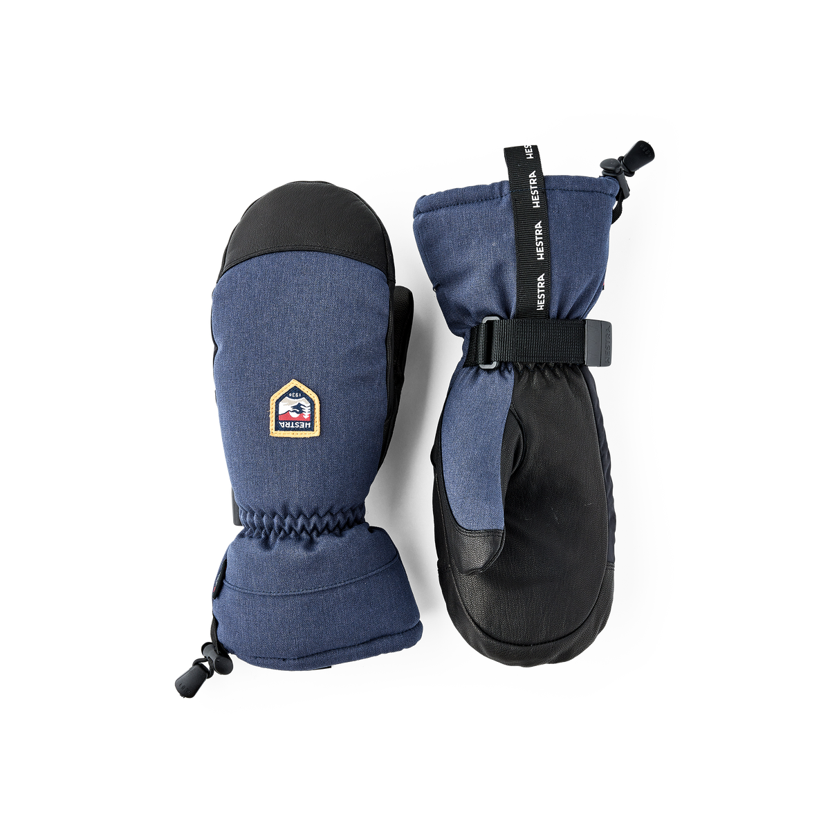 Navy and black mountain mittens set with wrist strap and HESTRA patches
