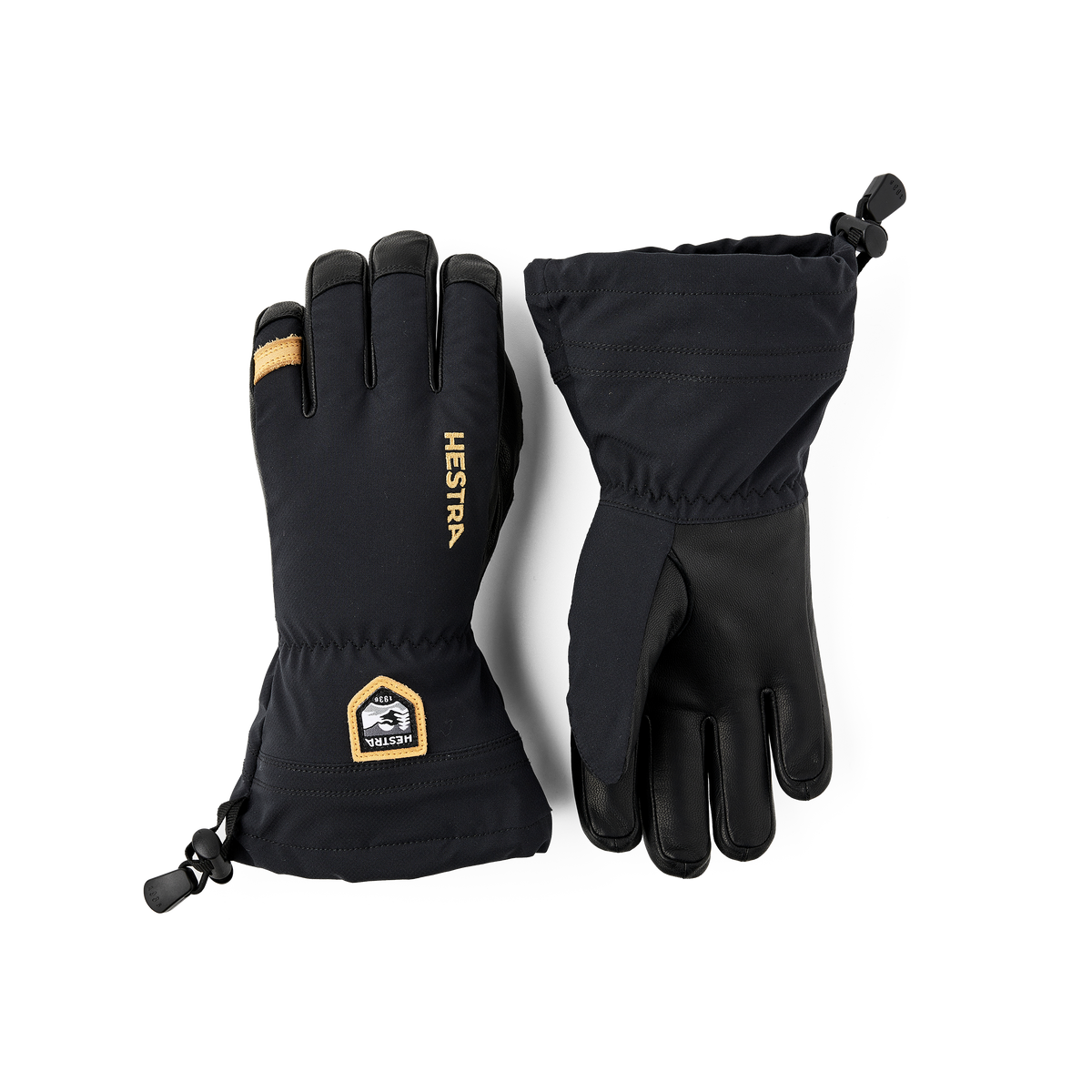 Black junior winter gloves with leather palm and HESTRA logo patch