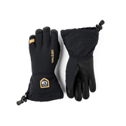 Black junior winter gloves with leather palm and HESTRA logo patch