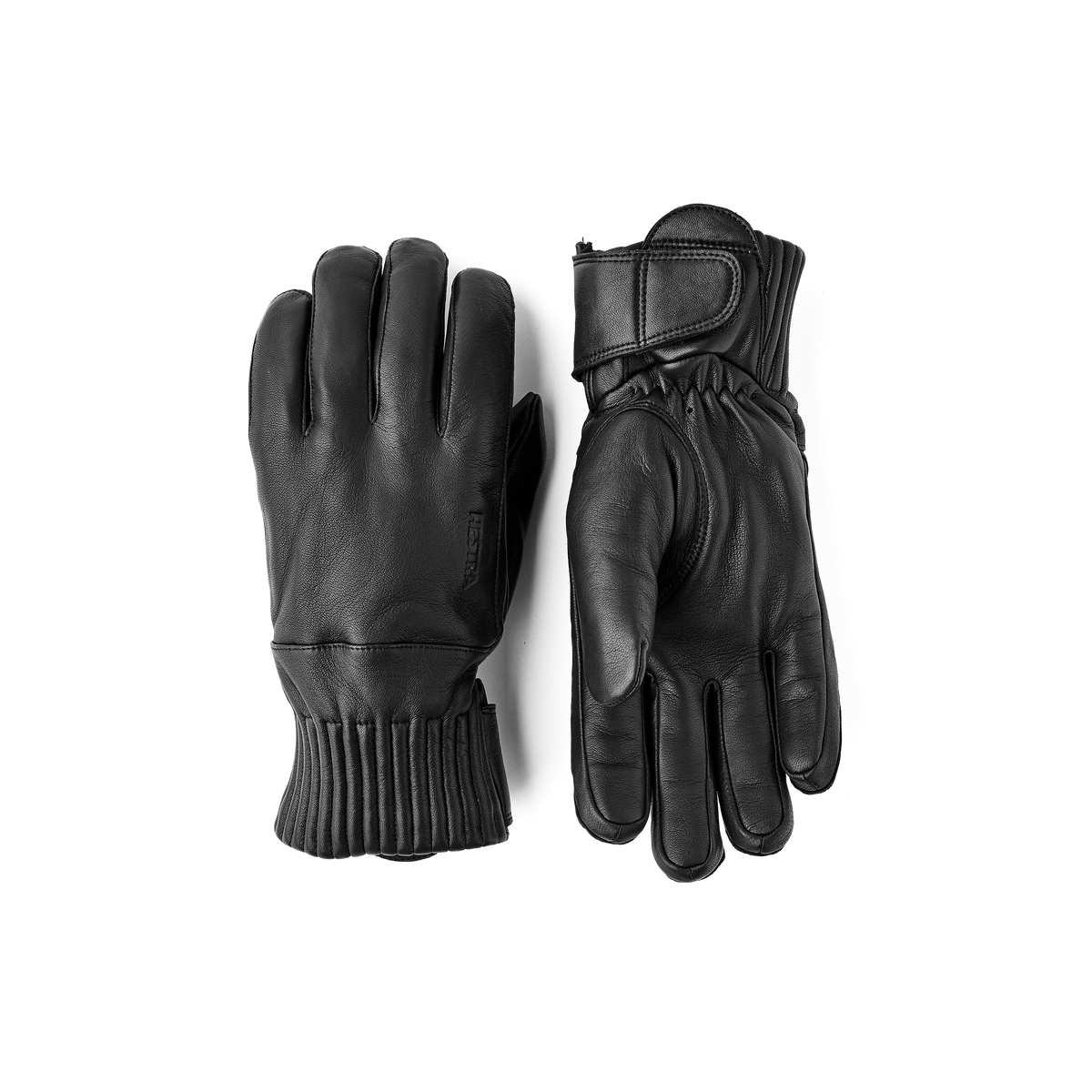 Hestra Idre wool gloves, black leather style with ribbed knit cuff and finger seams