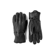 Hestra Idre wool gloves, black leather style with ribbed knit cuff and finger seams