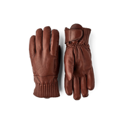 Dark brown leather gloves with ribbed cuffs and top strap detail
