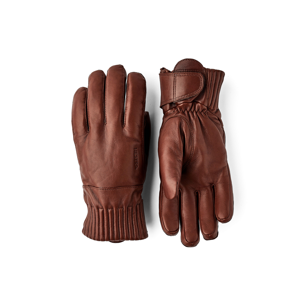 Dark brown leather gloves with ribbed cuffs and top strap detail
