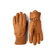 Tan wool gloves, pair view, with five-finger design and ribbed knit cuff