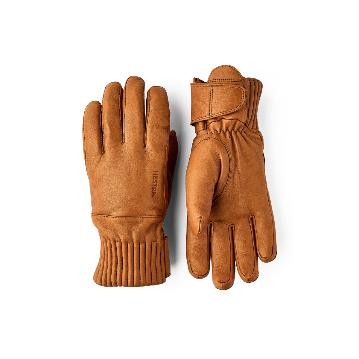 Tan wool gloves, pair view, with five-finger design and ribbed knit cuff