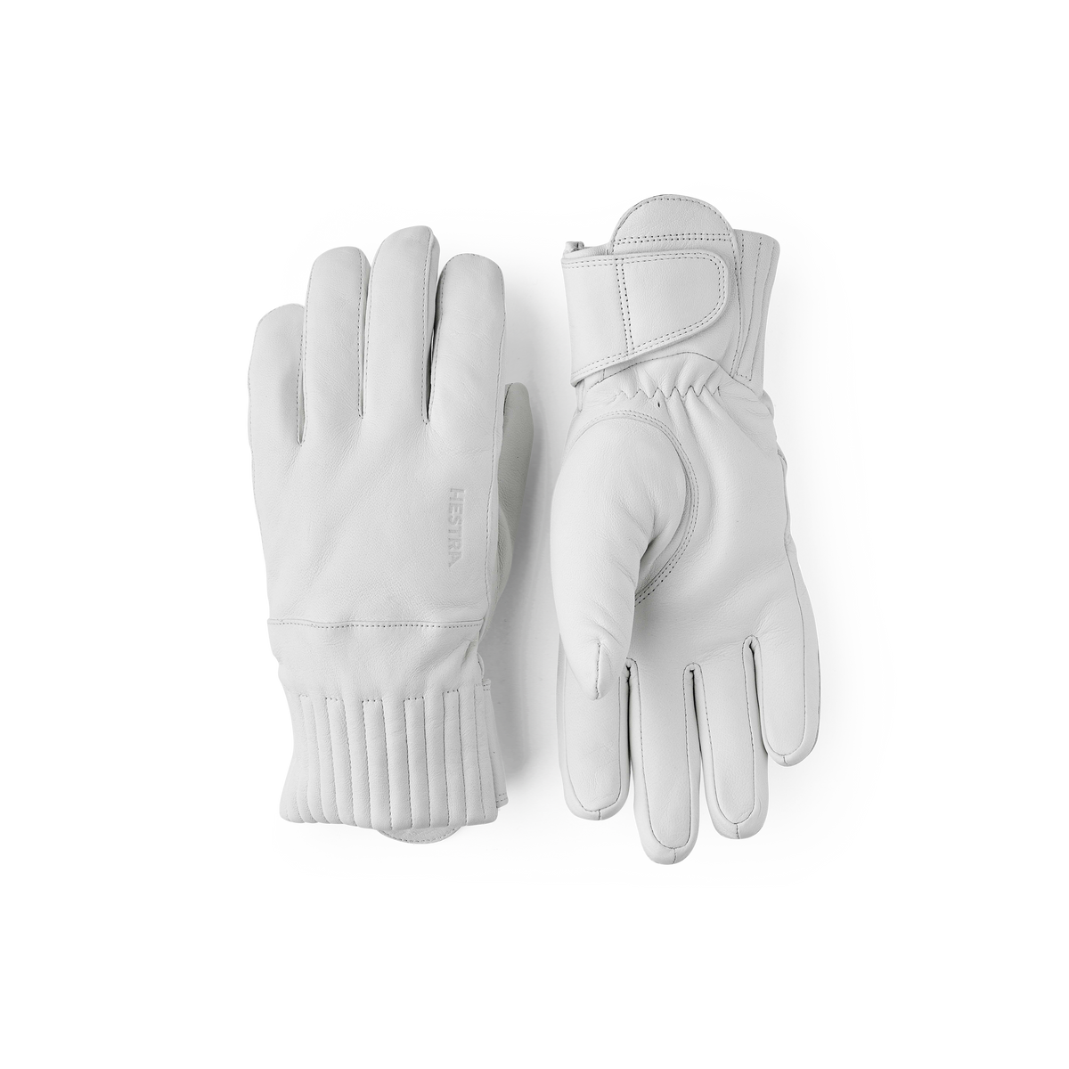 White leather gloves with ribbed knit cuffs and stitched finger panels