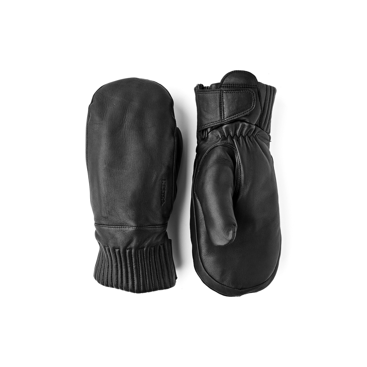 Black wool mittens with ribbed knit cuff and protective palm overlay