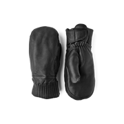 Black wool mittens with ribbed knit cuff and protective palm overlay