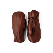 Brown wool mittens pair with ribbed knit cuffs and leather palm panels